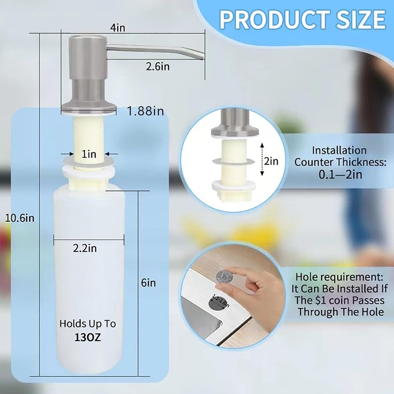 Tesrin Dish Soap Dispenser for Kitchen Sink Brushed Nickel Under Sink Soap Dispenser Pump Head with 10.14 Ounce PET Soap Bottle and 1.88" Base - Image 2