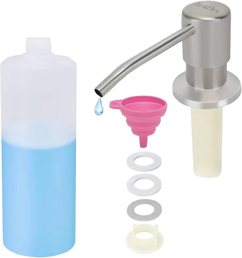 Tesrin Dish Soap Dispenser for Kitchen Sink Brushed Nickel Under Sink Soap Dispenser Pump Head with 10.14 Ounce PET Soap Bottle and 1.88" Base - Image 1