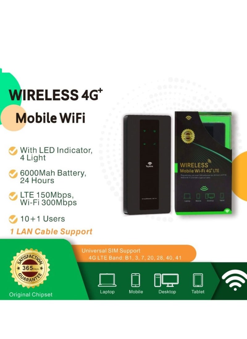 Generic - Mobile 4G+ Wifi LTE With RJ45 Lan Cable and 6000mah Battery With LED Indicator 4 Light Black - Image 1