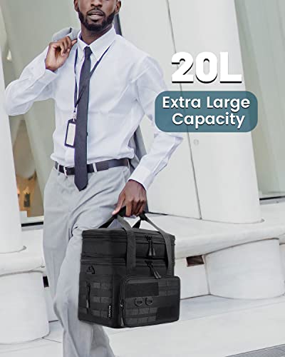 RalChyez Tactical Lunch Box, 20L Large Heavy Duty Double Deck Insulated Lunch Bag Leakproof Expandable Tote Cooler with Shoulder Strap for Adult Men Women Work Fishing Picnic Travel Black - Image 3