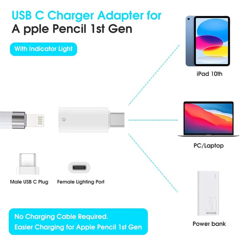 Zorbes ® USB C to Pencil Adapter for Apple Pencil 1st Gen, USB-C Male to Pencil Charging Adapter for iPad 10th Generation Bluetooth Pairing Type C iPencil Charger Connector for iPad 10 & Pencil 1st Gen - Image 3