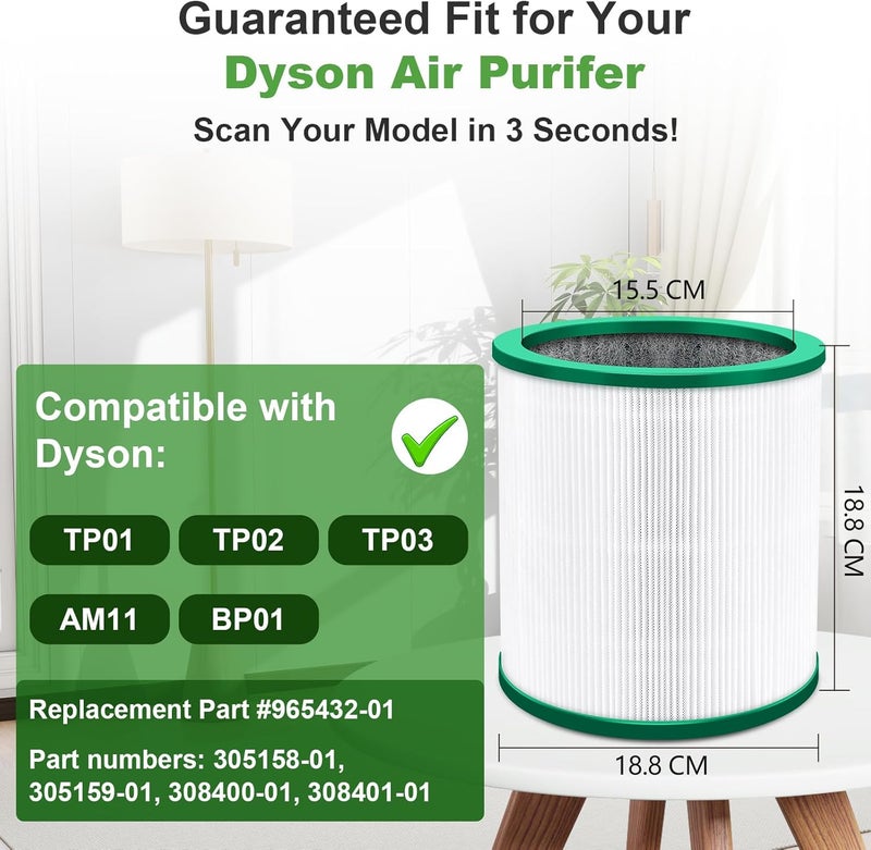 PINREK 360° Glass HEPA Filter for Dyson Pure Cool Link TP01/TP02/TP03/AM11/BP01 | 3-in-1 High-Efficiency Activated Carbon Replacement Filter. Removes Dust Smoke Odors. Replace 968126-03. Green-2 Pack - Image 3