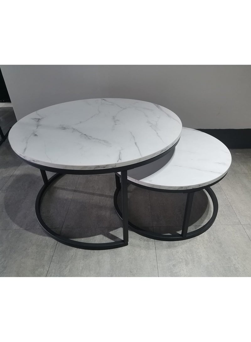 DubaiGallery طقم طاولات قهوة من 2 طاولة قابلة للتكديس بسطح MDF طاولة جانبية مستديرة مجموعة طاولات صغيرة طراز صناعي لطاولة جانبية مستديرة لغرفة المعيشة، الشرفة - Image 4