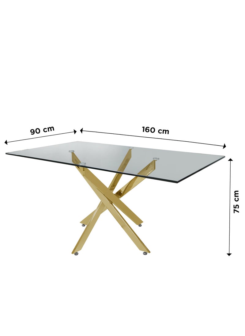 VANITY LIVING - Vanity Living Furniture Large Dining Table Set, Modern Davos Gold Frame and Glass Top Dinner Breakfast Table + 6 Leon Cream Velvet Dining Chairs for Kitchen and Dining Room - Image 1
