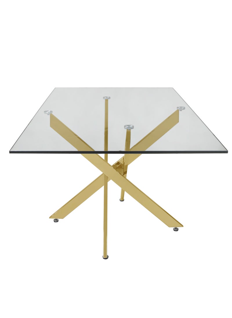 VANITY LIVING - Vanity Living Furniture Large Dining Table Set, Modern Davos Gold Frame and Glass Top Dinner Breakfast Table + 6 Leon Cream Velvet Dining Chairs for Kitchen and Dining Room - Image 1