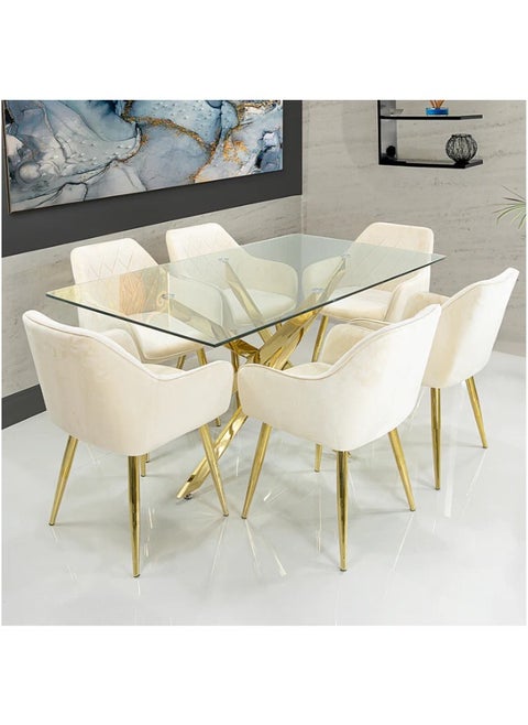 Vanity Living Furniture Large Dining Table Set, Modern Davos Gold Frame and Glass Top Dinner Breakfast Table + 6 Leon Cream Velvet Dining Chairs for Kitchen and Dining Room