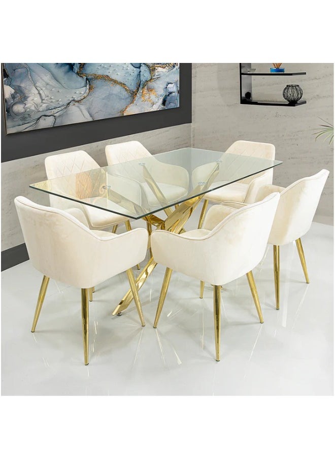 VANITY LIVING - Vanity Living Furniture Large Dining Table Set, Modern Davos Gold Frame and Glass Top Dinner Breakfast Table + 6 Leon Cream Velvet Dining Chairs for Kitchen and Dining Room - Image 1