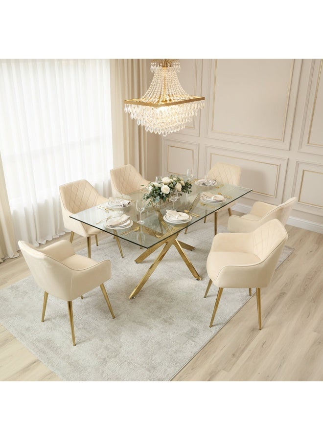 VANITY LIVING Furniture Large Dining Table Set, Modern Davos Gold Frame and Glass Top Dinner Breakfast Table + 6 Leon Cream Velvet Dining Chairs for Kitchen and Dining Room - Image 1