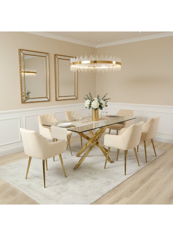VANITY LIVING Furniture Large Dining Table Set, Modern Davos Gold Frame and Glass Top Dinner Breakfast Table + 6 Leon Cream Velvet Dining Chairs for Kitchen and Dining Room - Image 2