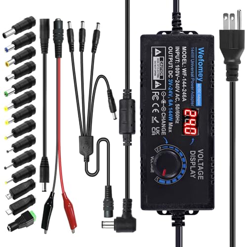 Wefomey Universal Power Supply 3V~24V 6A 144W Adjustable Variable 3V 5V 9V 12V 18V 20V 24V AC/DC Adapter Charger, 100V-240V AC to DC Converter with 14 Tips, Polarity Converter and 4-Way Power Splitter Cable - Image 1