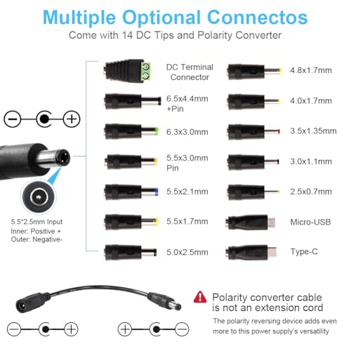 Wefomey Universal Power Supply 3V~24V 6A 144W Adjustable Variable 3V 5V 9V 12V 18V 20V 24V AC/DC Adapter Charger, 100V-240V AC to DC Converter with 14 Tips, Polarity Converter and 4-Way Power Splitter Cable - Image 4