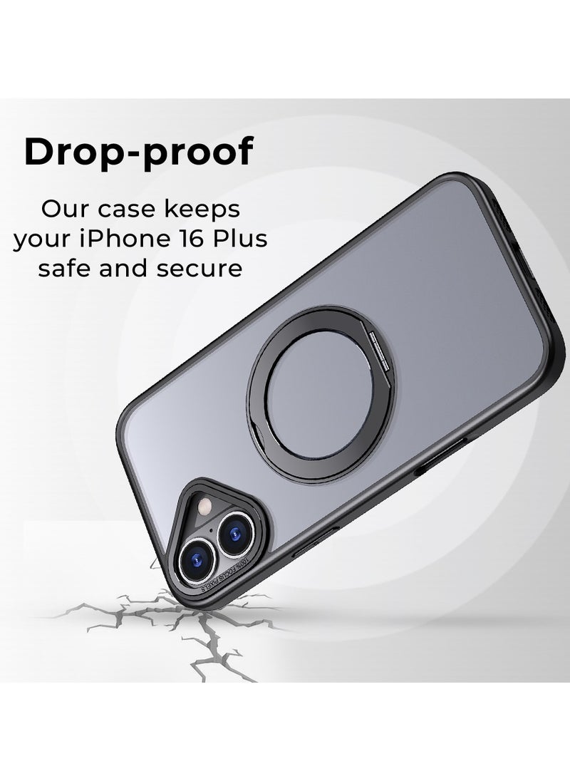 glassology - iPhone 16 Plus 360° Rotate Ring Stand MagSafe Case Shockproof Wireless Charging Compatible Adjustable Kickstand (Black) - Image 1