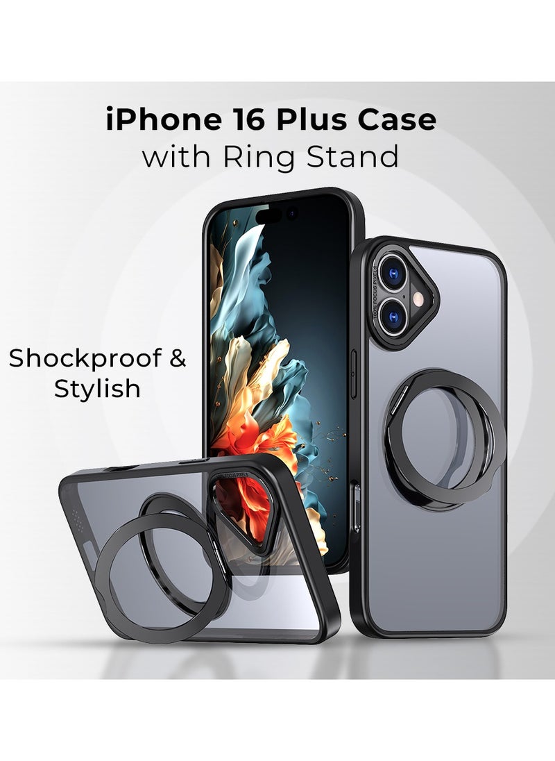 glassology - iPhone 16 Plus 360° Rotate Ring Stand MagSafe Case Shockproof Wireless Charging Compatible Adjustable Kickstand (Black) - Image 1