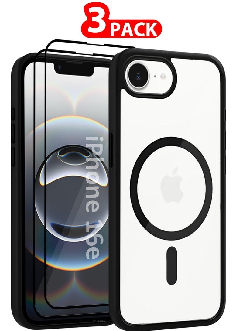 CATANES iPhone 16E 3Packs Case Cover Ultra Durable MagSafe Shockproof Slim and Scratch Resistant Premium MagSafe Case with Two 3D Screen Protectors - Clear/Black