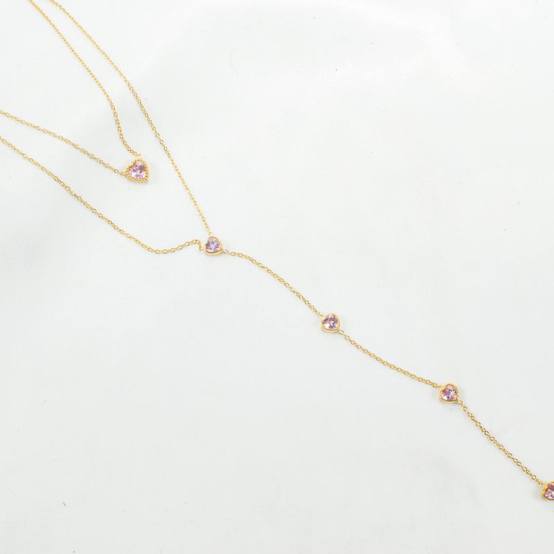 Golden Pink Zirconic 2 Layers Stainless Steel Heart Pendant Necklace - Image 1