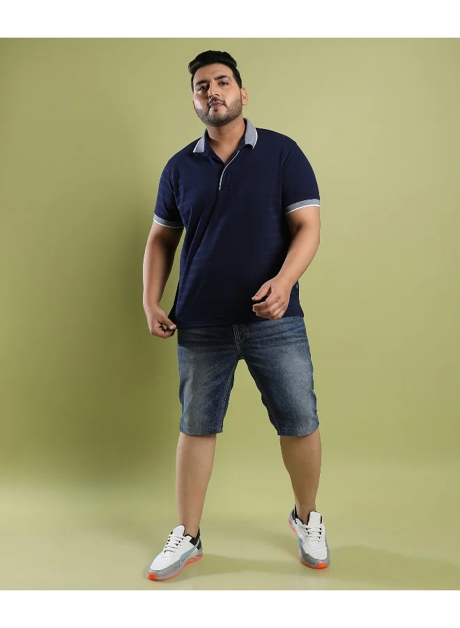 Instafab Plus Men's Midnight Blue Self-Design Horizontal Striped T-Shirt