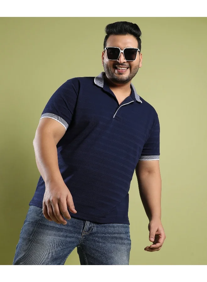 Instafab Plus Men's Midnight Blue Self-Design Horizontal Striped T-Shirt
