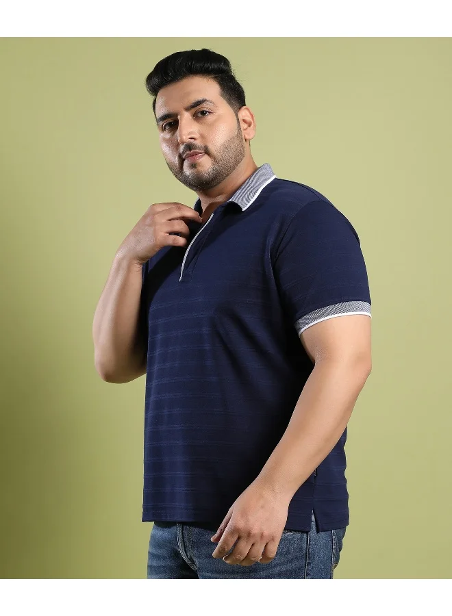 Instafab Plus Men's Midnight Blue Self-Design Horizontal Striped T-Shirt