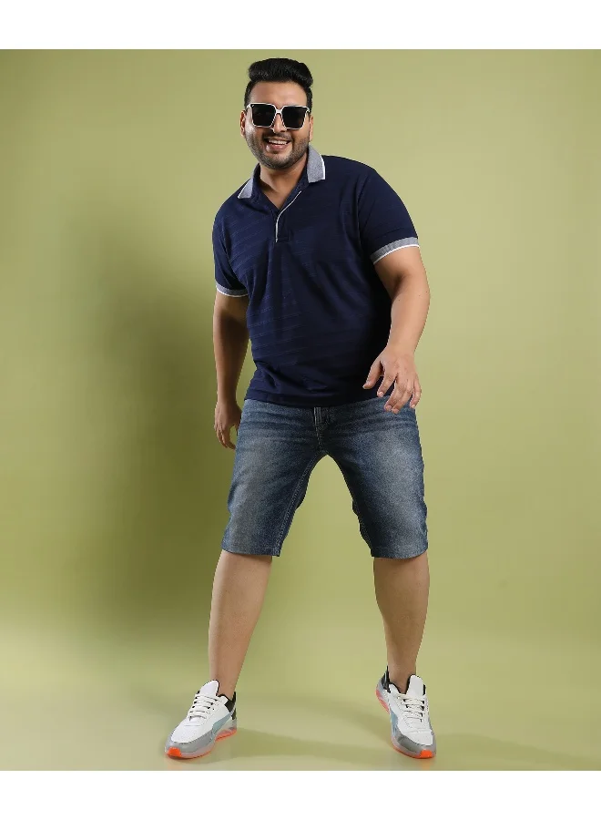Instafab Plus Men's Midnight Blue Self-Design Horizontal Striped T-Shirt