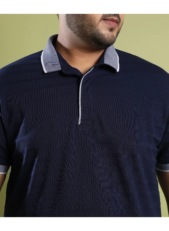 Instafab Plus Men's Midnight Blue Self-Design Horizontal Striped T-Shirt