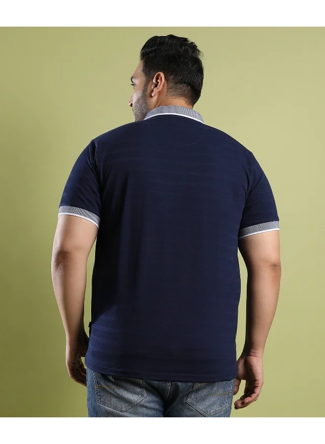 Instafab Plus Men's Midnight Blue Self-Design Horizontal Striped T-Shirt