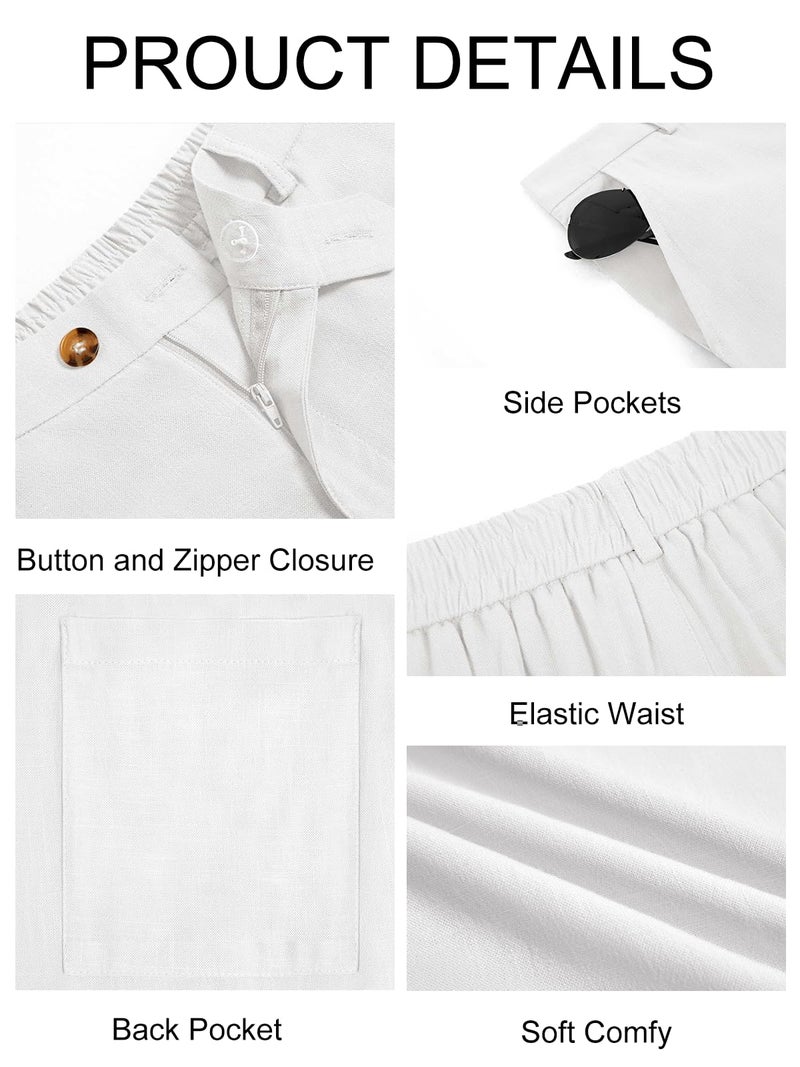 Runcati Mens Casual Pants Elastic Waist Linen Lightweight Straight-Legs Loose Fit Summer Beach Yoga Dress Trousers White - Image 5