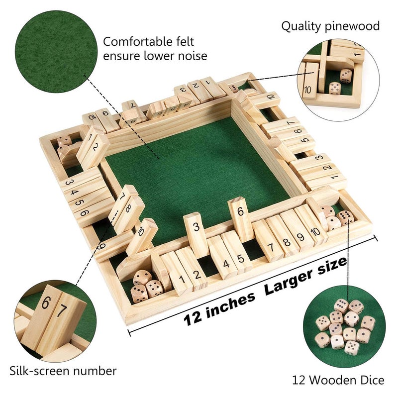 AMEROUS 12 Inches Shut The Box Family Game (1-4 Players), 4 Sided Large Wooden Number Dice Board Game with 12 Dices and Shut The Box Rules for Kids, Adults - Image 3