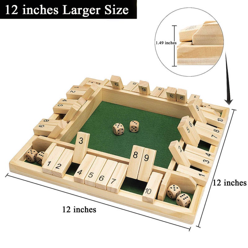 AMEROUS 12 Inches Shut The Box Family Game (1-4 Players), 4 Sided Large Wooden Number Dice Board Game with 12 Dices and Shut The Box Rules for Kids, Adults - Image 5
