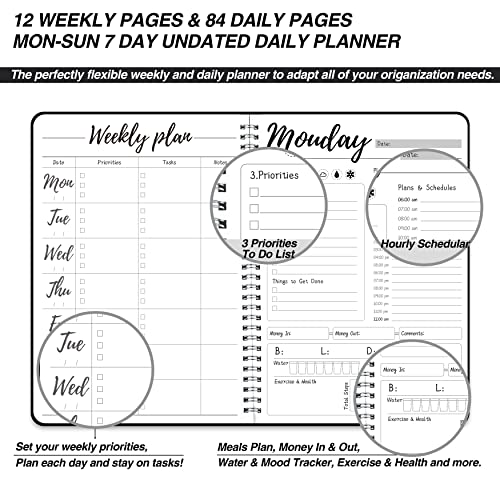 KAICN Weekly Work Planner with Hourly Schedules, To Do List, Tasks, Expense Tracker 7 Days Daily Planner Self-Care for Organizing Meals, Water Take-in, Mood, Exercise & Health, 10 x 7.3 inches - Image 3