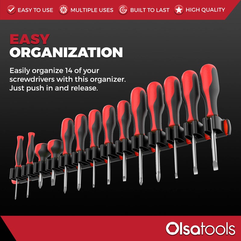 Olsa Tools Premium Wall-Mount Screwdriver Organizer - Red Nylon with Black Clips - Holds 14 Screwdrivers - Part: 1030 - Image 2