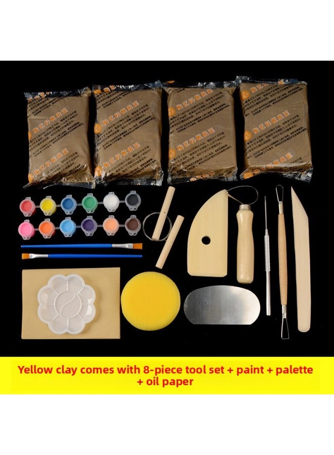 Clay Student Handmade Clay Soft Clay Clay Purple Clay Special Clay Sculpture Set Ceramic Clay Tool Clay-Color:Yellow Clay (4 Packs Of Free Oil Paper) + 8-piece Tool Set + Paint + Plate  - Image 1