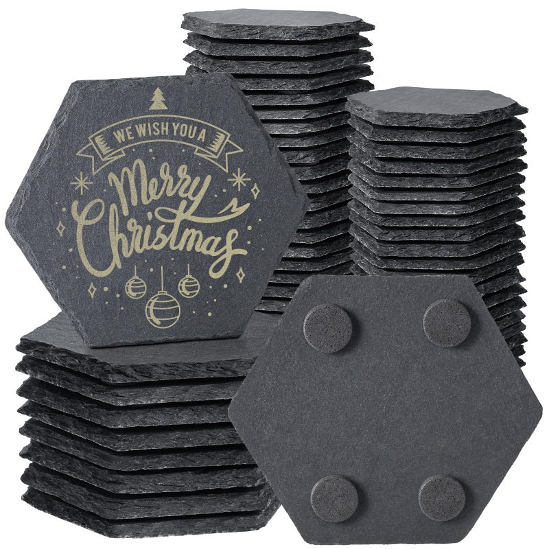 MAPRIAL 50 Pieces Slate Coasters 4 Inch Hexagonal Black Stone Coaster Bulk for Drinks Hexagon Blank Natural Handmade Rock Coasters for Laser Engraving Coffee Wooden Table Home Decor Bar Gifts