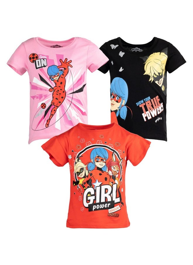 Miraculous - Miraculous Ladybug Cat Noir Rena Rouge Little Girls 3 Pack Graphic T-Shirts Black/Pink/Red 4-5 - Image 1