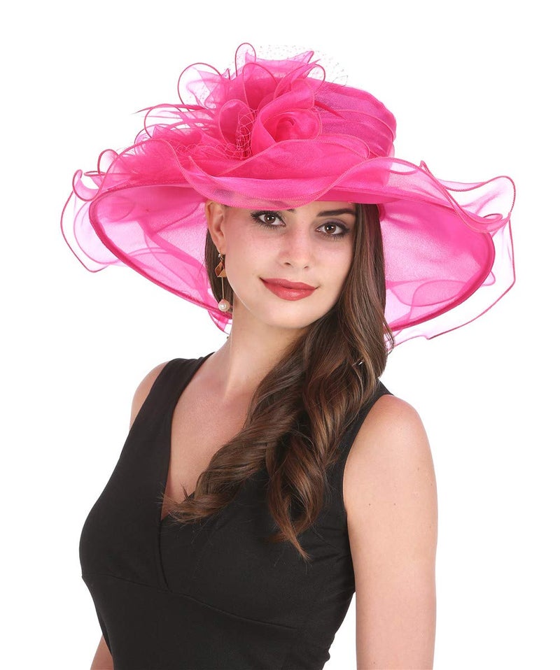Saferin Women 's Royal Fascinator Organza Mesh Church Kentucky Derby Wedding Party Hat Hot Pink Mesh Feather Free size - Image 4