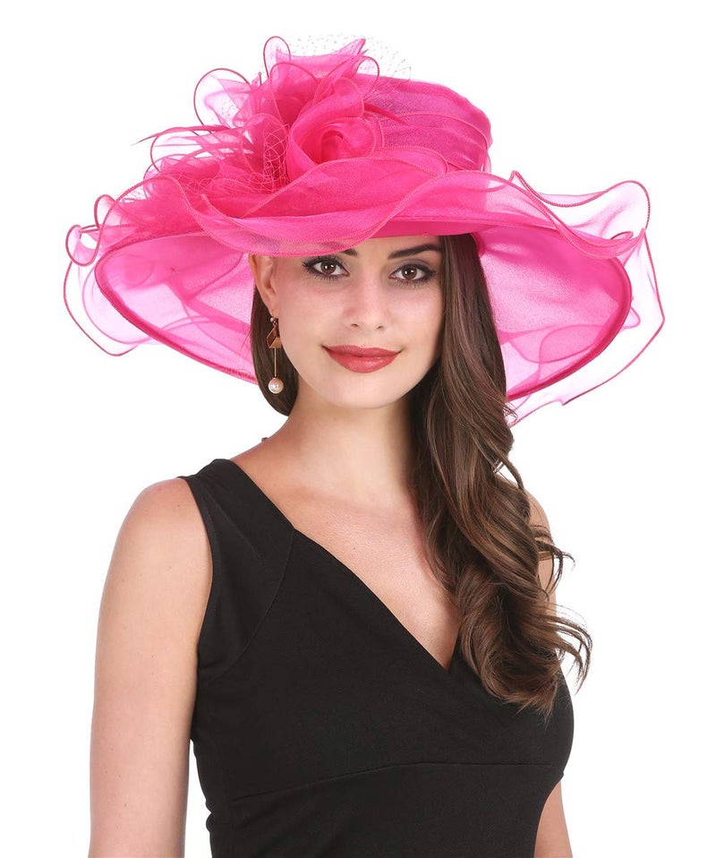 Saferin Women 's Royal Fascinator Organza Mesh Church Kentucky Derby Wedding Party Hat Hot Pink Mesh Feather Free size - Image 3