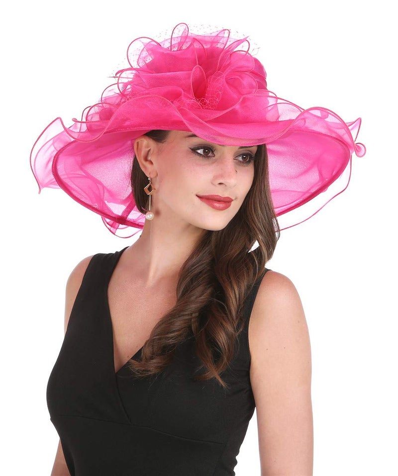 Saferin Women 's Royal Fascinator Organza Mesh Church Kentucky Derby Wedding Party Hat Hot Pink Mesh Feather Free size - Image 2