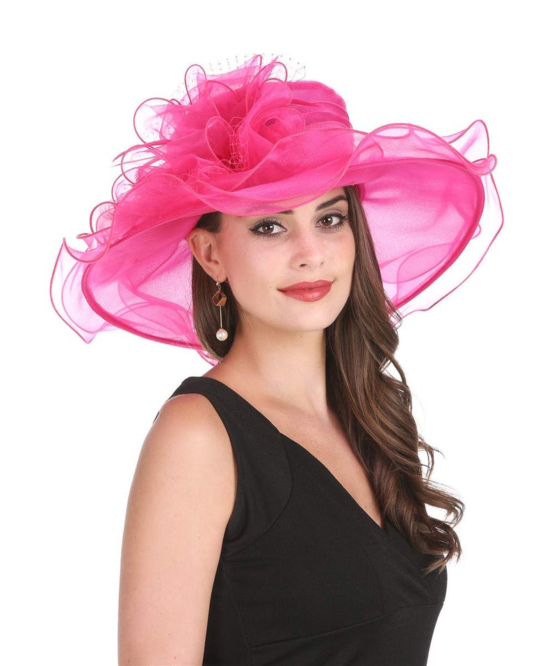 Saferin Women 's Royal Fascinator Organza Mesh Church Kentucky Derby Wedding Party Hat Hot Pink Mesh Feather Free size - Image 1