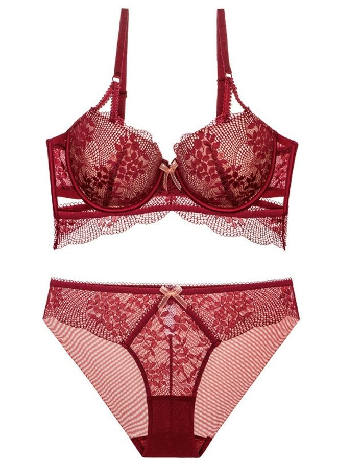 Comfy Solid Color Lace Bra And Panty Set Dark Red