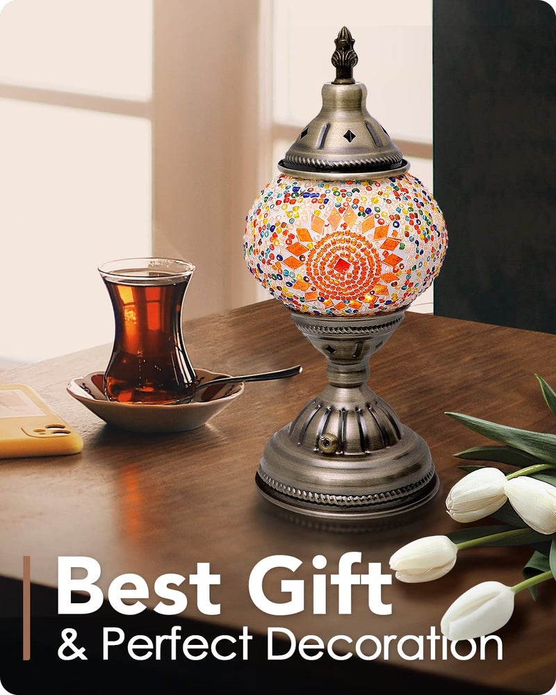 Yarra-Decor Turkish Moroccan Lamp with Bronze Base Handmade Tiffany Mosaic Glass Lamps Portable Bedside Lamps with Rechargeable Battery 2000mAh (LED Bulb Included) (Orange1) - Image 5