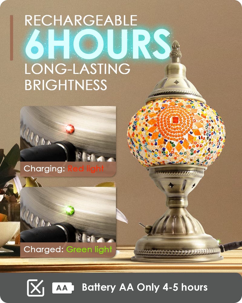 Yarra-Decor Turkish Moroccan Lamp with Bronze Base Handmade Tiffany Mosaic Glass Lamps Portable Bedside Lamps with Rechargeable Battery 2000mAh (LED Bulb Included) (Orange1) - Image 2