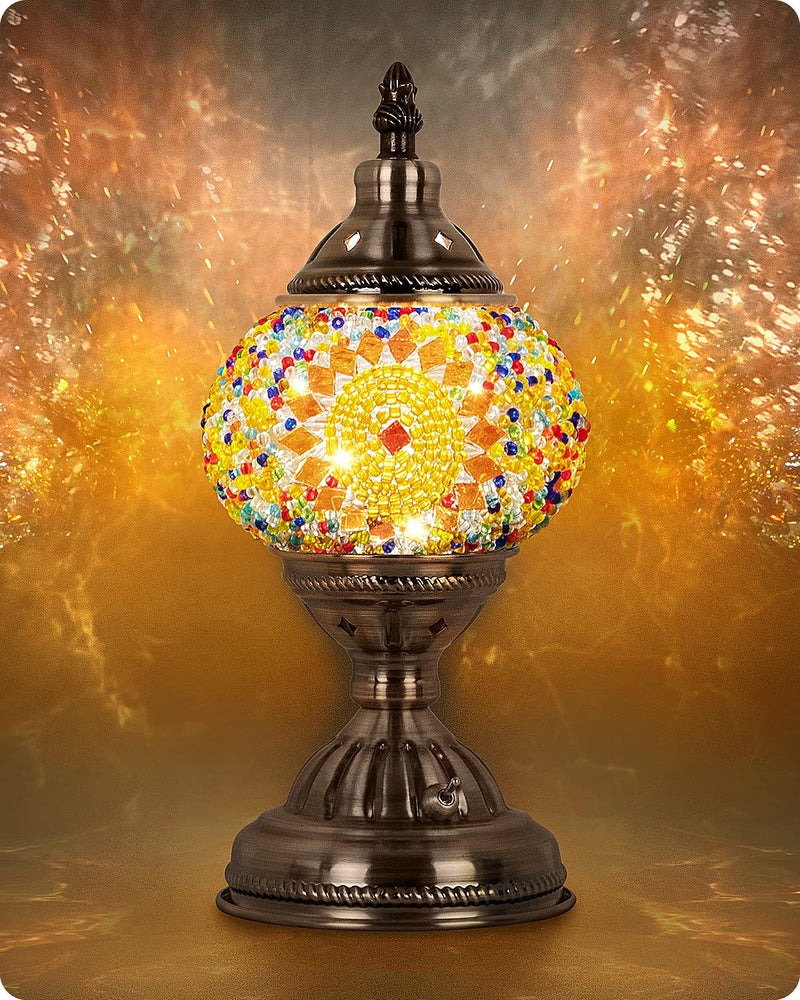 Yarra-Decor Turkish Moroccan Lamp with Bronze Base Handmade Tiffany Mosaic Glass Lamps Portable Bedside Lamps with Rechargeable Battery 2000mAh (LED Bulb Included) (Orange1) - Image 1