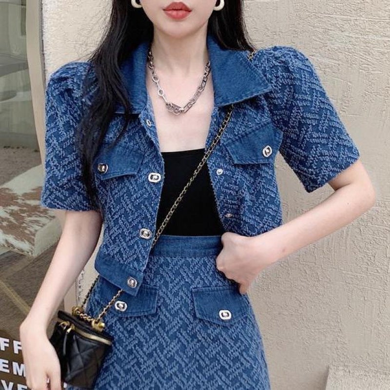 Fashionable and Youthful Two-Piece Set for Women, Summer Short-Sleeve Denim Jacket with High-Waisted Slimming A-Line Skirt Blue denim top