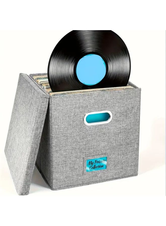 Gray Record Storage Box Holds Over 50 12 Inch Vinyl Albums With Fabric Lid - Image 4
