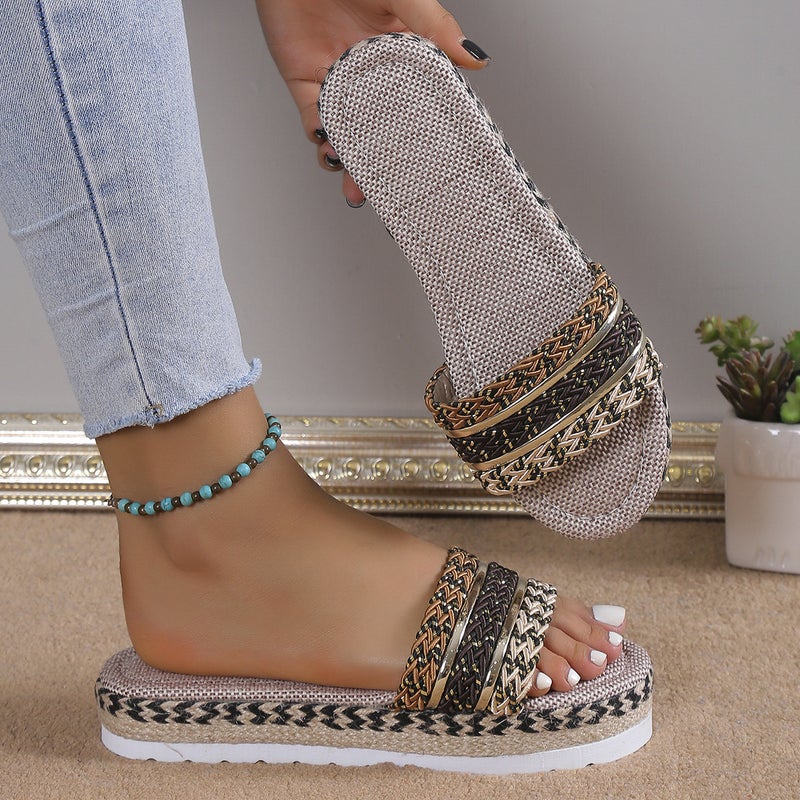 Plus Size Woven Thick Bottom Slippers Women'S Outer Wear Bohemian Style Metal Strip Decorative Slippers - Image 3