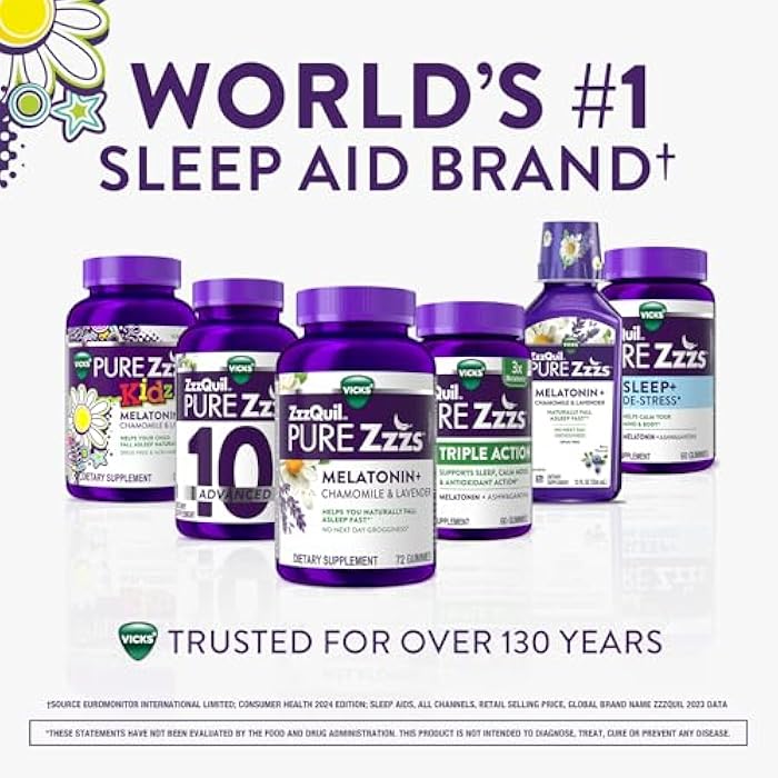 ZzzQuil PURE Zzzs Kidz، حلوى الميلاتونين للأطفال، مساعد النوم، كمية منخفضة من الميلاتونين للأطفال، مع البابونج والخزامى، ميلاتونين 1 ملغ، حلوى ميلاتونين للأطفال، بنكهة التوت، 72 حبة نوم - Image 5