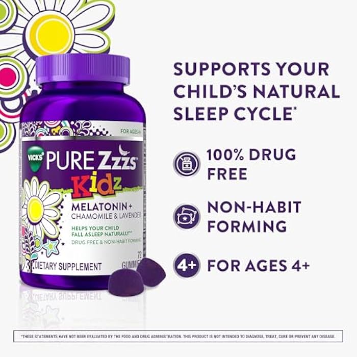 ZzzQuil PURE Zzzs Kidz، حلوى الميلاتونين للأطفال، مساعد النوم، كمية منخفضة من الميلاتونين للأطفال، مع البابونج والخزامى، ميلاتونين 1 ملغ، حلوى ميلاتونين للأطفال، بنكهة التوت، 72 حبة نوم - Image 3