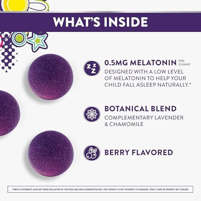ZzzQuil PURE Zzzs Kidz، حلوى الميلاتونين للأطفال، مساعد النوم، كمية منخفضة من الميلاتونين للأطفال، مع البابونج والخزامى، ميلاتونين 1 ملغ، حلوى ميلاتونين للأطفال، بنكهة التوت، 72 حبة نوم - Image 2