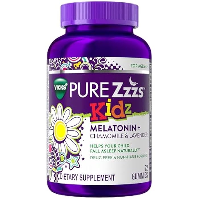 ZzzQuil PURE Zzzs Kidz، حلوى الميلاتونين للأطفال، مساعد النوم، كمية منخفضة من الميلاتونين للأطفال، مع البابونج والخزامى، ميلاتونين 1 ملغ، حلوى ميلاتونين للأطفال، بنكهة التوت، 72 حبة نوم - Image 1