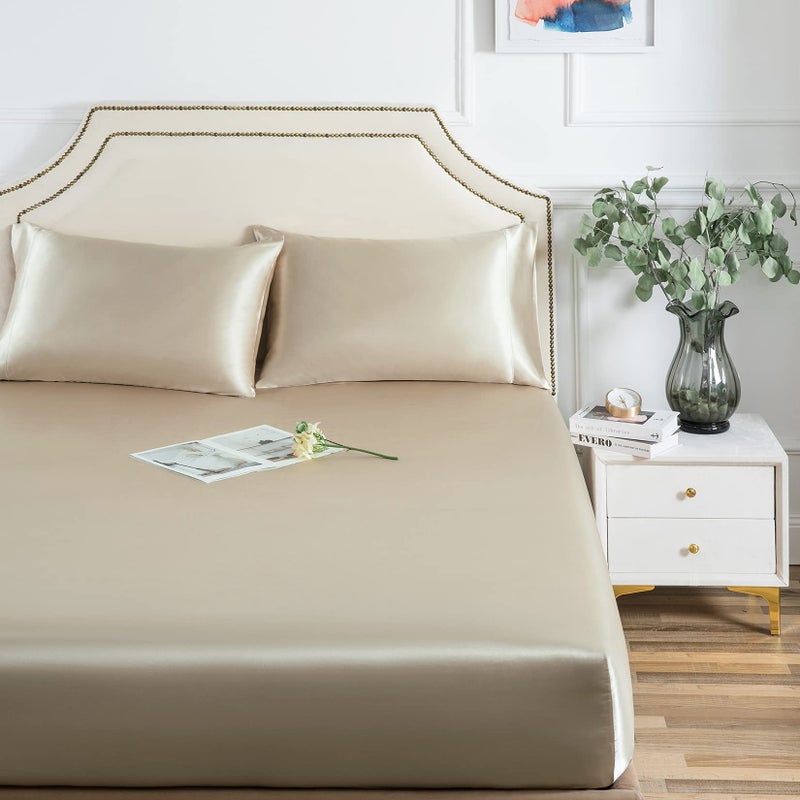 Luxbedding Satin Fitted Sheet  King Fitted Sheet Only  1 - Piece Ultra Soft Deep Pocket Single Silk Bottom Bed Sheet King - Taupe 