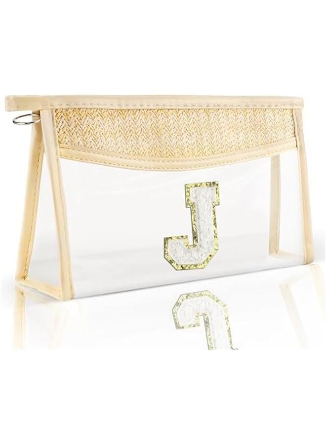 Boho Straw Clear Makeup Bag Small Initial Cosmetic Bags Personalized Chenille Letter Patch Beach Bag Zipper Makeup Organizer Pouch Travel Essentials Waterproof Toiletry Bag for Women Girls J - Image 1